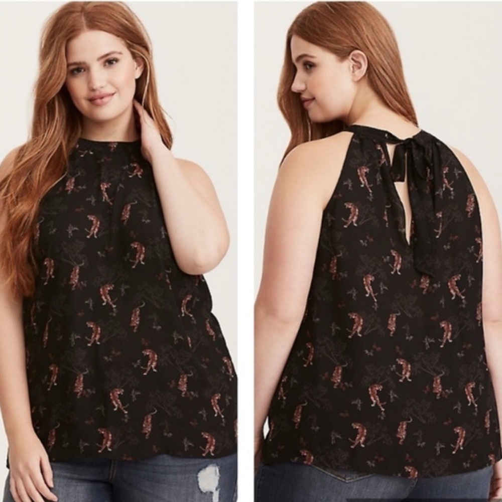 Torrid Size 1 Black Sleeveless Tiger Print Blouse with Bow Accent